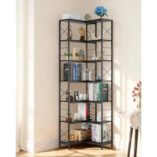 GarveeHome Eckregal, 7-Stöckiges Bücherregal Im Industrial-Stil Aus Metall Mit Verstellbaren Füßen Und Rutschsicherungsset, Freistehendes Regal Für Wohnzimmer Und Homeoffice, Schwarz