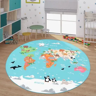 TT Home Kinder-Teppich, Spiel-Teppich Für Kinderzimmer, Weltkarte Mit Tieren, In Grün, Größe:Ø 200 cm Rund