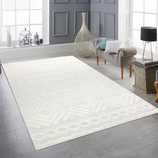 Teppich-Traum Teppich Wohnzimmer Gästezimmerteppich Schlafzimmer Hoch- Tiefeffekt geometrisch hell angenehm mit Rauten- und Kreisemuster in Creme, 200 x 290 cm