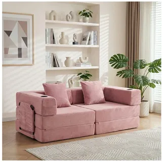 welax Schlafsofa aus Cord, faltbar, modulares Zweisitzer Cord-Sofa, 2-in-1 Klappsofa, Umwandelbar als Tagesbett und Gästebett für Wohnzimmer rosa