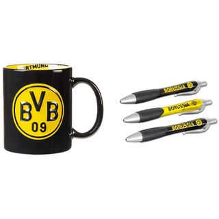 Borussia Dortmund BVB-Tasse mit Innendekor, Schwarz, Einheitsgröße (1er Pack) & BVB-Kugelschreiber (3er-Set)