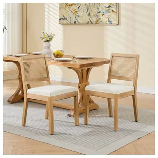 BBWL Rattanstuhl 2er Set aus Massivholz mit Rattanlehne, Leinenpolster, S-Federung, Esszimmerstühle, Mid-Century Farmhouse beige