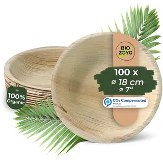 BIOZOYG 100 Stück Einwegteller Ø 18cm Palmblatt-Teller, rund, biologisch abbaubar, umweltfreundlich, kompostierbar, wiederverwertbar, Wegwerfteller