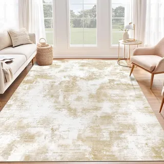 SHACOS Teppich Wohnzimmer 160 x 230 cm, Retro Abstrakt Kurzflor Waschbarer Teppich Schlafzimmer, Weich Wohnzimmerteppich Modern rutschfest Carpet für Living Room, Esszimmer, Büro, Beige