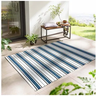Taracarpet Outdoor Kurzflor Teppich Santa Monica wetterfest, wasserfest, rechteckig, Höhe: 3 mm, Balkon Garten Terrasse Camping Wintergarten blau gestreift 120x170 cm