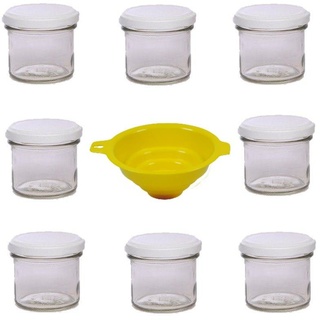 Viva Haushaltswaren - 8 x Marmeladenglas 125 ml mit weißem Verschluss, runde Sturzgläser als Einmachgläser, Gewürzgläser, Glasdosen etc. verwendbar (inkl. Trichter)