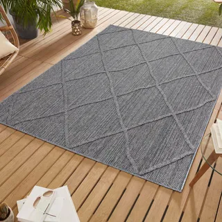 SIMPEX In & Outdoor Bouclé Teppich Läufer wetterfest Grau 80x150 cm Skandinavische Boho Design 3D Hoch Tief Effekt ideal für Flur Balkon oder Küche