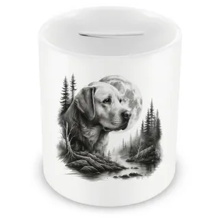 Samunshi® Spardose mit dem Motiv Labrador Retriever im Wald - Spardose für Labrador Retriever Fans Sparschwein mit Hunde Motiv Sparbüchse Cash Money Geld weiß 330ml