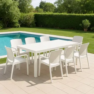 Outdoor Lounge Set Arret, Outdoor Lounge Set, Ausziehbarer rechteckiger Tisch mit 8 Stühlen mit Armlehnen,  Italy, Weiß - Weiß