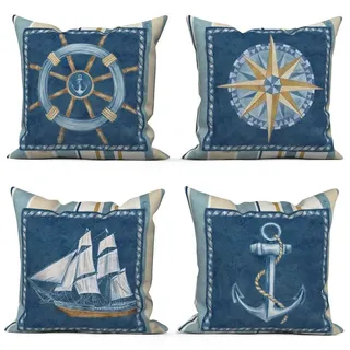 Set von 4 Maritimen Kissenbezügen 50 x 50 cm mit Anker und Kompass