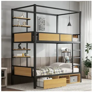 Flieks Etagenbett, Kinderbett Metallbett 90x200cm mit Ablageflächen und Schublade schwarz