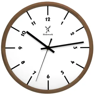 Holzwerk Natur Holz Wanduhr Holz-Uhr Vintage lautloses Uhrwerk ohne Tickgeräusche Braun Weiß lautlos skandinavisches Design aus handgefertigtem Massivholz 32 cm