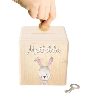 wunderwunsch Personalisierte Kinderspardose, Spardose Junge, Mädchen | Holzspardose Kinder personalisiert, Taufgeschenke für Kind, Baby Geschenk Geburt, Holz Sparschwein mit Schlüssel