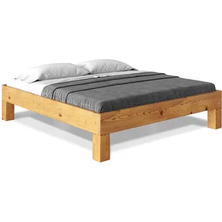CURBY Massivholzbett Holzbett Doppelbett 4-Fuß-Bett ohne Kopfteil aus massiver THERMO -Fichte, hochwertige Verarbeitung, einfacher Aufbau, Made in Germany, 140 x 200 cm, natur, Standardhöhe