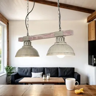 Licht-Erlebnisse Hängelampe Metall Holz in Shabby Weiß Wohnzimmer Esstisch 60 cm lang E27 Vintage 2-flammig Rustikale Pendelleuchte Küche HAKON