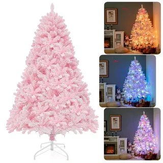COSTWAY 180 cm Weihnachtsbaum Künstlich Rosa, Tannenbaum LED mit Schnee, 8 Lichtmodi, Christbaum mit bunten Lichtern & Metallständer, beleuchteter Festtagsbaum für Zuhause Büro Geschäfte, Pink