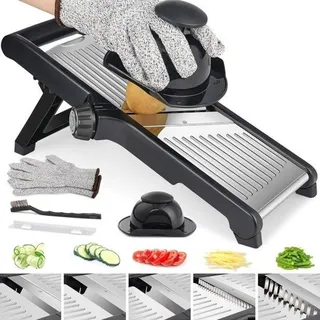 Famanu Gemüseschneider Mandoline - 5-in-1 verstellbar mit Schnittschutzhandschuhen - für Gemüse und Obst