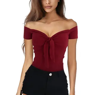 EMOTTOS Damen Y2K Top T-Shirt, Crop Tops Schulterfrei V Ausschnitt Kurzarm, Basic Enges Oberteil Short Sleeve Damen, Tiefer Ausschnitt Tshirts Cropped Shirt Slim Fit Sommer Herbst, Rot S - S