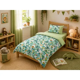 Bettwaesche-mit-Stil Mako Satin Kinderbettwäsche Dschungel Faultier AFFE Löwe (Grün, 100x135 + 40x60 cm) 100% Baumwolle