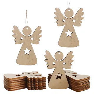 HERZONE 50pcs Holz Engel Anhänger Weihnachten Schutzengel Glücksbringer Weihnachtsdekoration (braun Engel mit Sterne)
