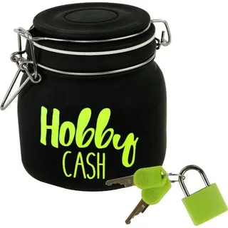 Witzige Spardose m. Schloss "Hobby Cash" aus Glas in schwarz