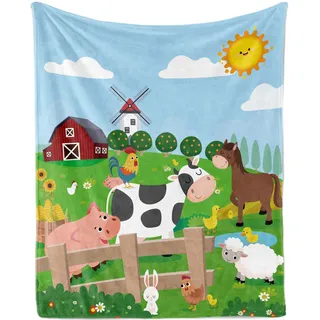 Decke Bauernhof Kuscheldecke Karikatur Tier Weich Plüsch Fleece Wohndecke Geschenk Mit Ochse Schaf Huhn Muster für Jungen Jugendliche Sofadecke Couch Decke, 130x150cm