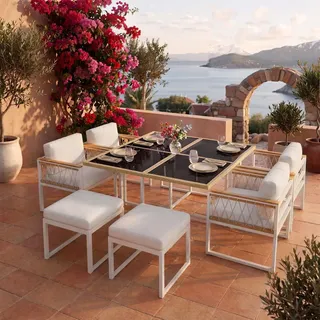 Flieks Rattan Gartenlounge-Set 6 Sitzer, Gartenmöbelset Balkonmöbelset 7-tlg., Terassenmöbel Gartenstuhl mit Hocker und Gartentisch, Weiß - Weiß