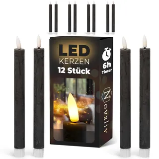 Stabkerzen LED mit Timer SCHWARZ 12 Stück indoor 6 Stunden ECHTWACHS 24cm Höhe für Kerzen 2,2cm Durchmesser 2 AAA Batterien notwendig LED Stabkerzen 4er Set SCHWARZ (drei Mal) bewegliche Flamme Licht