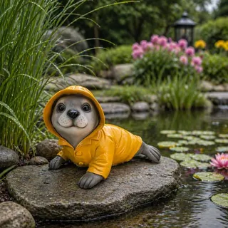 Online Fuchs Gartenfigur für draußen, wetterfest - Seehund, Robbe im Regenmantel - Teichdeko - Deko Figur 30 cm groß