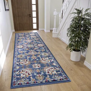 HANSE HOME Caracci Teppich orientalisch, – Orient Läufer klassisch dicht gewebt mit Ornamenten und Blumenmotiven Weicher Kurzflor für Schlafzimmer, Esszimmer, Wohnzimmer, Flur, Küche – Blau, 80x240cm