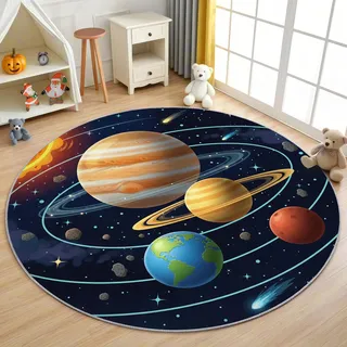 AevuCub Planeten Kinder Teppich Rund 160 Kurzflor - Waschbare Teppiche Wohnzimmer Galaxie Weltraum Sonnensystem - Runder Teppich 160 Durchmesser Kinderzimmer - Schlafzimmer rutschfest Weich