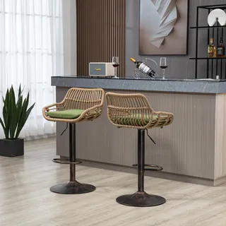 BTYJLEBE Rattan Barhocker 2er Set Höhenverstellbar Barstuhl mit Rückenlehne Fußstütze Drehbar Küchenhocker Sitzkissen Tresenhocker Nagelkopfbesatz Bistrohocker Metallfuß Outdoor Stühle Esshocker Grün