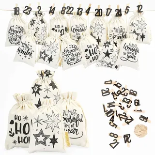Papierdrachen Adventskalender 2025 zum Befüllen - Stoffsäckchen 24 St. - „Hello Winter“ mit schwarzen Zahlen - inkl. Zubehör - Stoffbeutel zum Dekorieren
