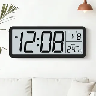 Venchin Digitale Wanduhr Groß: Modern Wanduhr mit Temperaturanzeige, Batteriebetrieben, Hintergrundbeleuchtet, 12/24HR, 25cm Digital Wanduhren für Wohnzimmer, Kinderzimmer, LCD Wall Clock - Schwarz