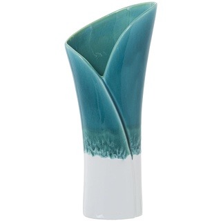 Keramikvase in Petroleumblau und Weiß, glänzend, 17 x 11,5 x 40 cm, Sockel 11,5 x 6,5 cm