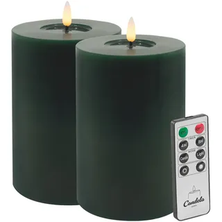 Candela LED Kerzen 2er Set H:15xØ10cm Winter Green Smooth-Finish Echtwachs mit Fernbedienung Timer Funktion & mehrstufig dimmbar flammenlos Echtwachskerzen Stumpenkerze