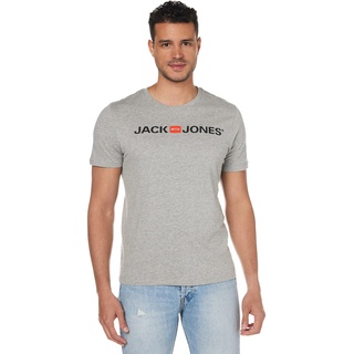 Herren Jack & Jones Designer Rundhals T-Shirt JJECORP Modern Art Kurzarm Jersey Baumwolle Shirt, Farben:Hellgrau, Größe:XS