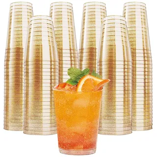 ZkateTrade 50 Stück Hartplastik Plastikbecher mit Goldglitter, 360ml Kunststoff Trinkbecher, Mehrweg Transparent Partybecher für Party, Hochzeiten, Geburtstag
