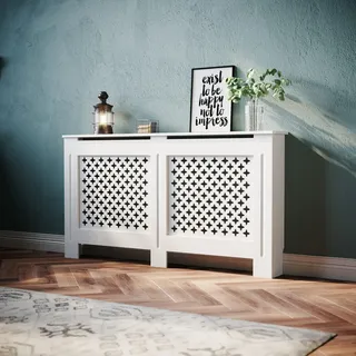 SONNI Heizkörperverkleidung, 152x19x81.5cm, Lackiert, Raute Lamell, Weiß | Heizkörperabdeckung, Heizkörperschutz, Schrank Heizkörper Abdeckung für Wohnzimmer, Schlafzimmer, Küche, Modern, Holz