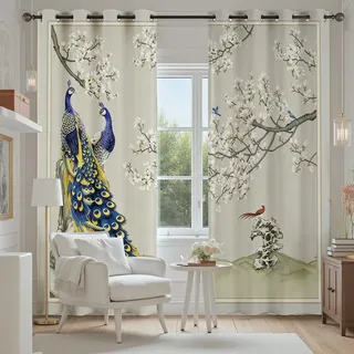 Tyafsgvqo Vorhänge Blumen Pfau, Vorhang Chinoiserie Floral Vogel Blickdicht | Vintage Orientalisch Gardinen mit Ösen, Vorhang 145 cm Lang 2er Set, Fenster Vorhänge Verdunkelungsvorhänge Schlafzimmer