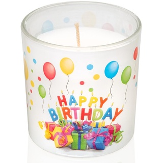 Candelo Hochwertige Happy Birthday Kerze im Glas Ambiente Geburtstagskerze 7cm x 8cm - 25 Std Brenndauer Windlicht geruchlos Glaskerze