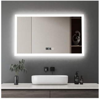 WDWRITTI Badspiegel Wandspiegel Led 100x60cm Uhr 3 Lichtfarbe Helligkeit einstellbar (Badezimmerspiegel,Lichtspiegel,Spiegel, 100 x 60 cm), Speicherfunktion,energiesparender,IP44