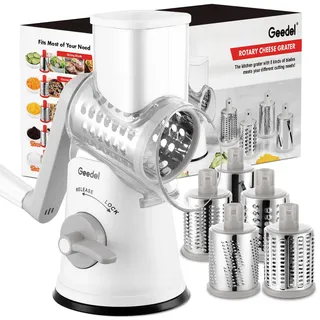 Geedel Käsereibe, Reibe für Gemüse, Gemüseschneider Trommelreibe mit kurbel | 5 Edelstahlklingen, 12x Schneller Schneiden, Starker Saugfuß, Spülmaschinenfest, Ergonomisches, No BPA, für Käse Gemüse Nüsse