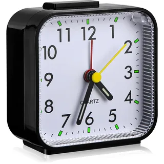 Birshe Quartzwecker, Analog, leise, Wecker, ohne Tick, Schlummerfunktion und Nachtlichtfunktion, Bester Reisewecker, tragbar, Größe Wecker, analog (Schwarz)