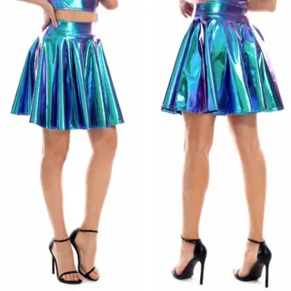 SamHeng Damen Metallischer Faltenrock Mini Skater Minirock Shiny Metallic Plisseerock Low Rise Röcke Tanz Tutu Party Club Kostüm Blau - as