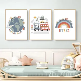 CULASIGN 3er Set Poster für Kinderzimmer, DIN A4 Bilder für Jungen & Mädchen, Autos Straßen Wandbilder Fahrzeuge Kinderposter für Schlafzimmer Babyzimmer Wandeko, Ohne Rahmen (ABC,21x30cm)