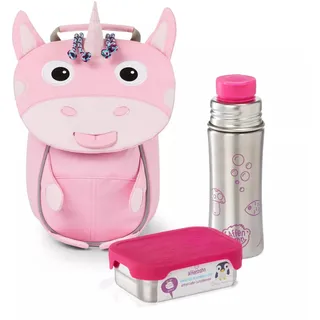 Affenzahn Kleiner Freund Bundle mit Trinkflasche und Brotdose, Kita Rucksack Set für 1-3 Jährige Einhorn - Rosa