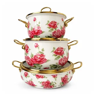 Zilner Topf-Set Kollektion emaillierter 3 Töpfe klassischen Natur inspirierten Designs, Aluminiumguss, Emaille (6-tlg) rosa