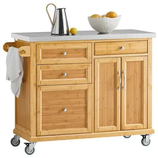 SoBuy Küchenwagen FKW69/FKW70, Küchenwagen auf Rollen, Servierwagen Rollwagen Barwagen, Kücheninsel Küchenschrank mit Edelstahlarbeitsplatte Frühstücksbar beige 115 cm x 92 cm x 46 cm