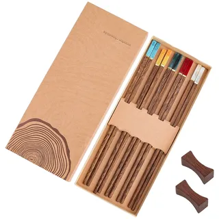 XRVRILE 5 Paar Essstäbchen Holz Set mit 2 Ablagen, Stäbchen Zum Essen Wiederverwendbar, Sushi Stäbchen für Zuhause, Ess Stäbchen Als Holz Besteck, Chopsticks in Geschenkbox